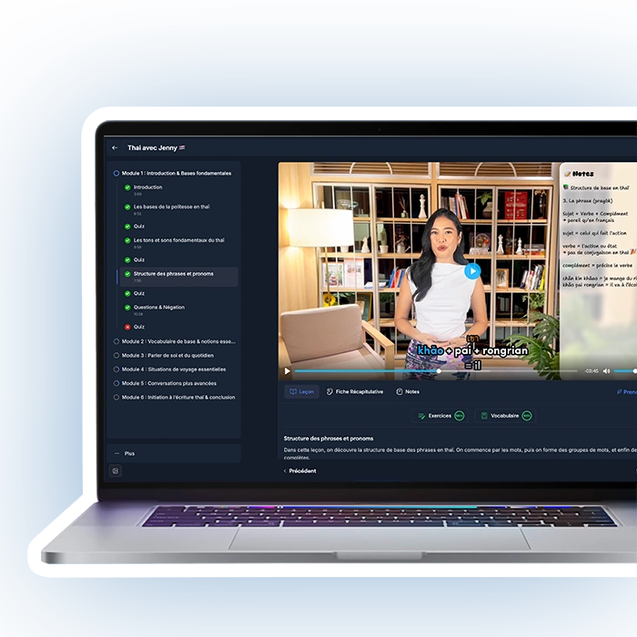 Interface des cours de thaï sur un ordinateur portable